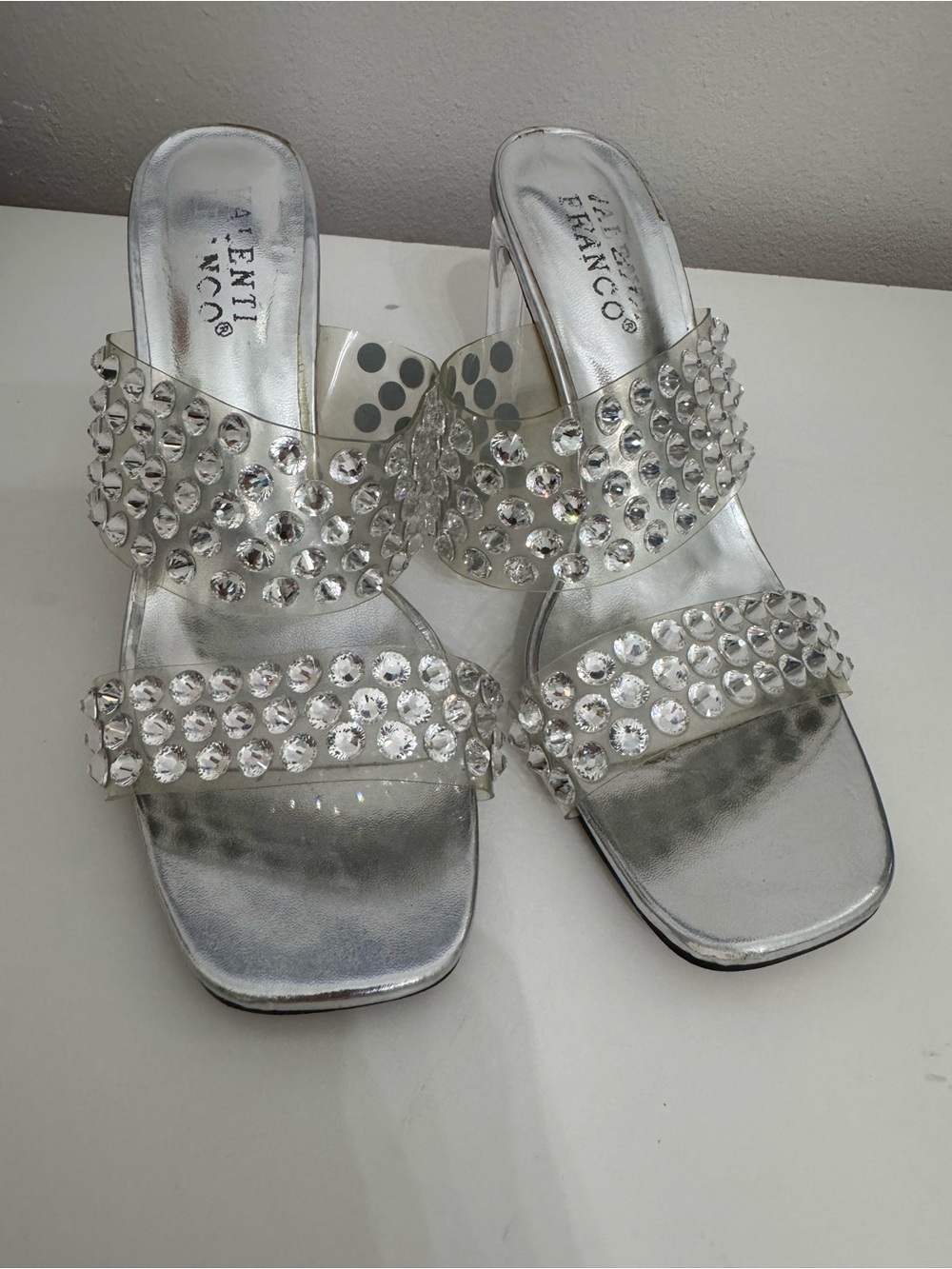 Valenti Franco Clear Rhinestone Double Strap Silver Slide Sandals Heels 7M